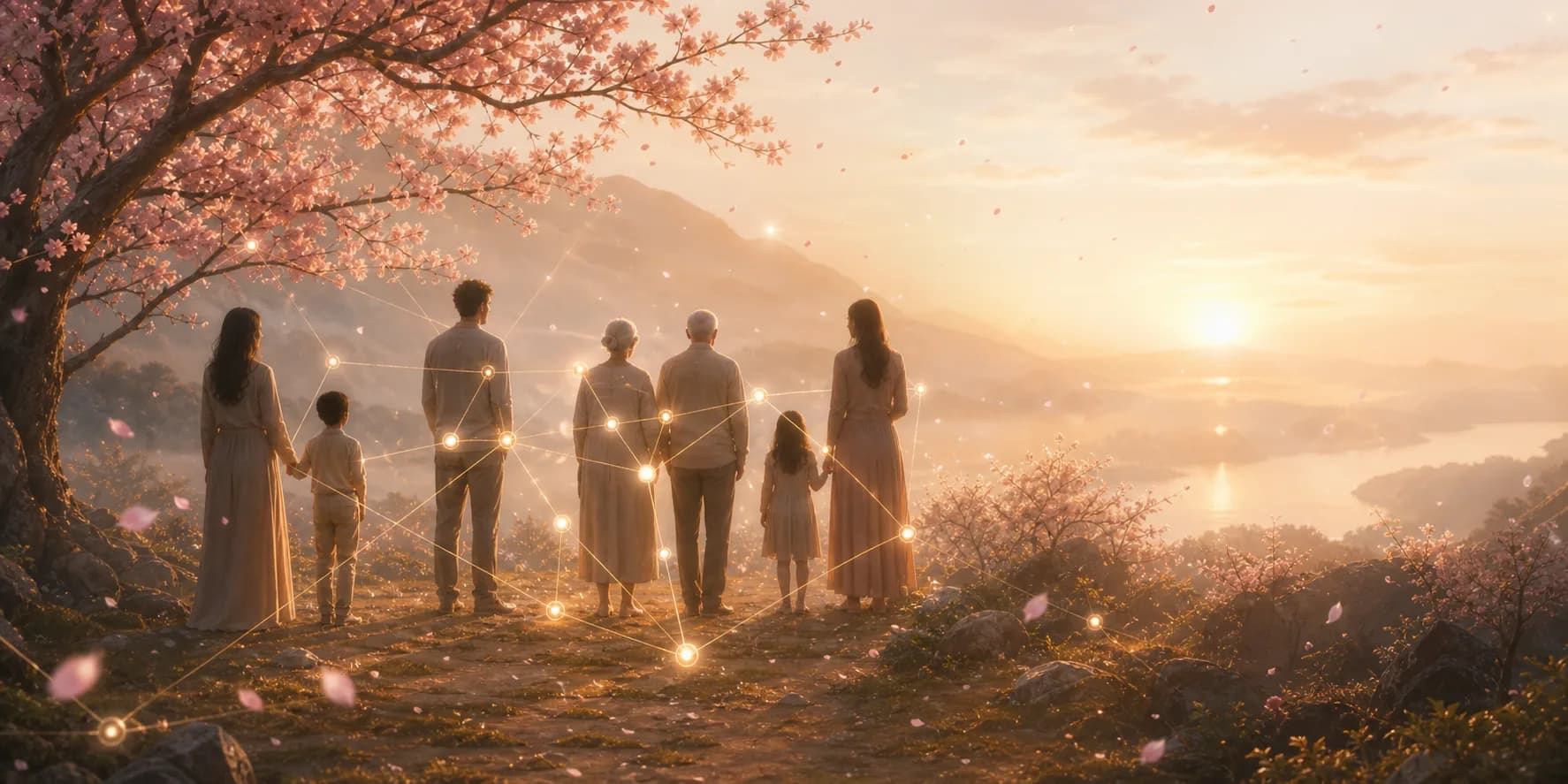 Family standing together on a hilltop connected by golden light at sunrise