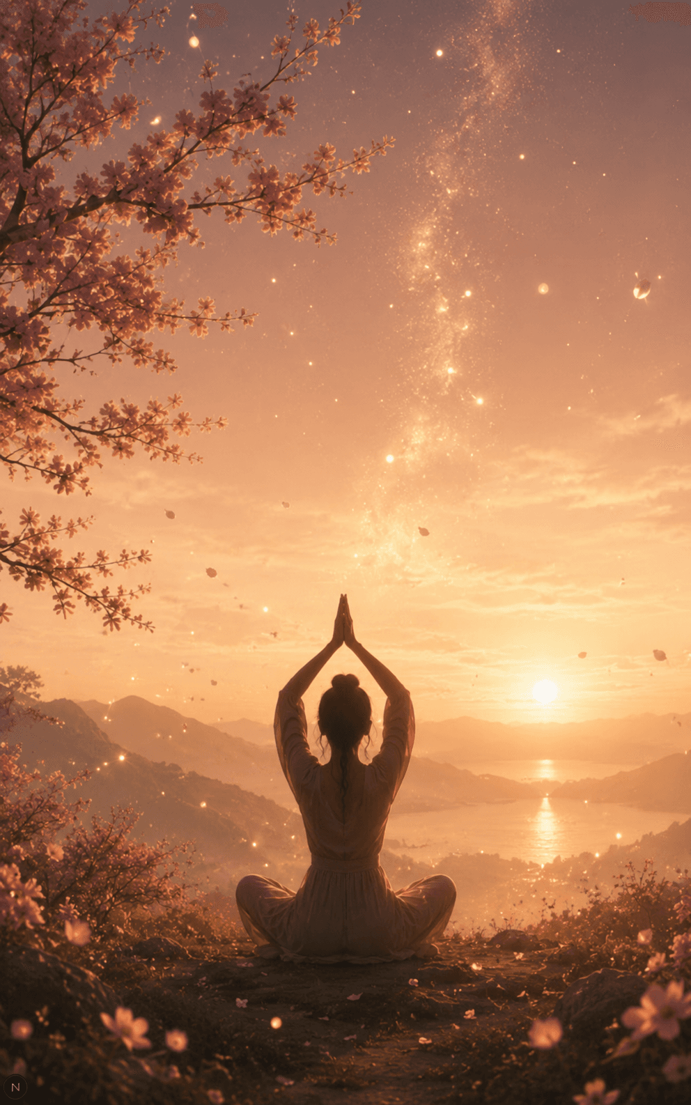 Woman meditating on a hilltop beneath cherry blossoms at sunrise