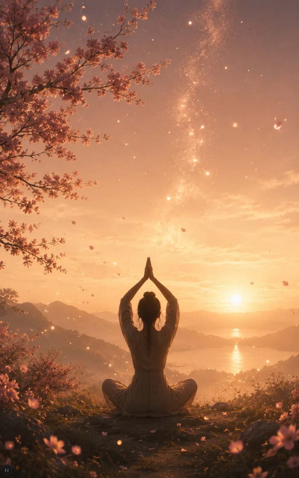 Woman meditating on a hilltop beneath cherry blossoms at sunrise