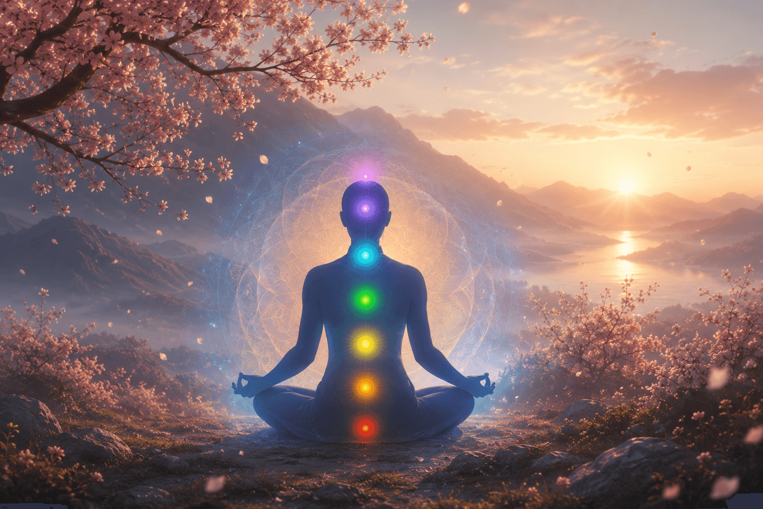Silhouette meditating with glowing chakras overlooking a serene mountain sunrise